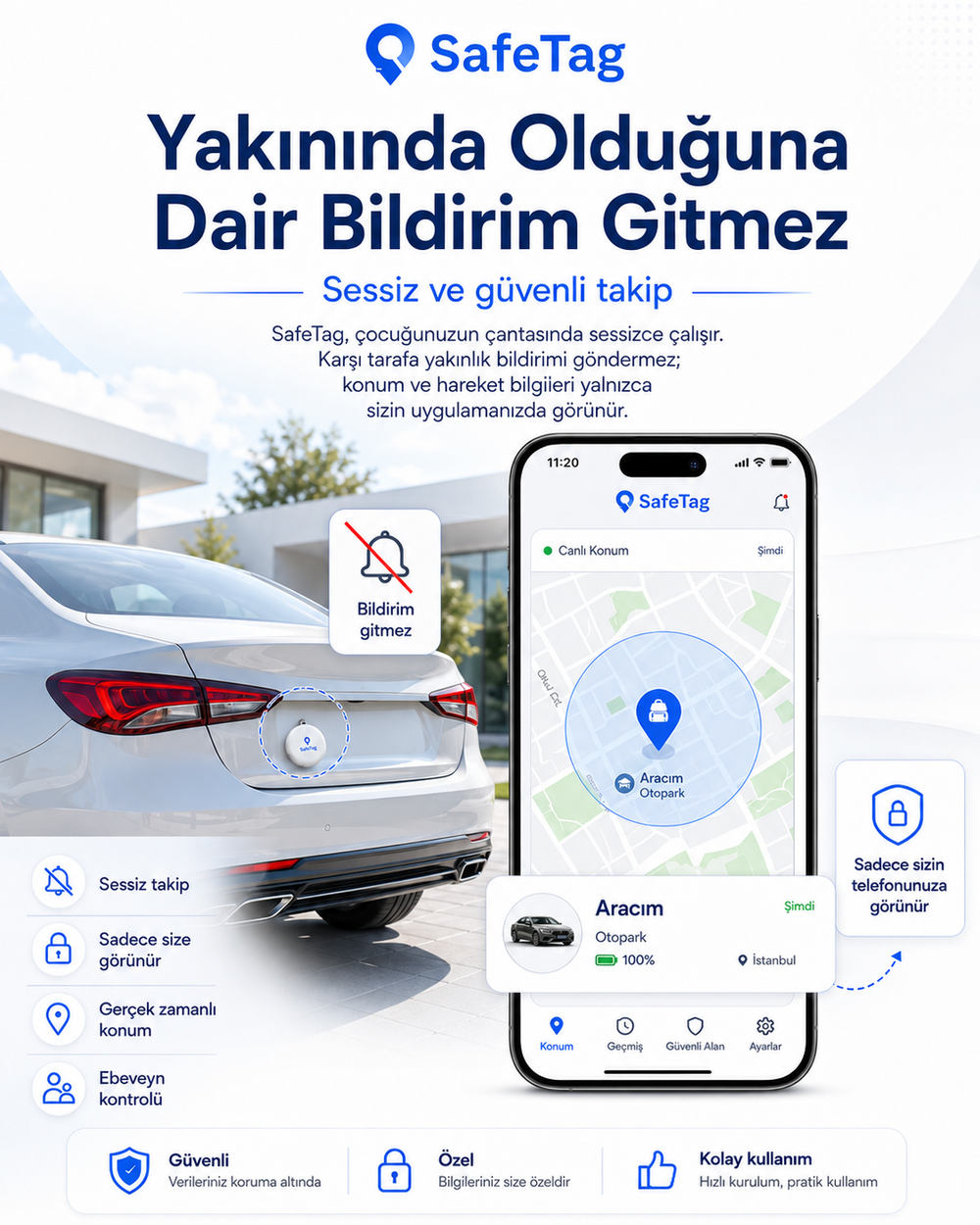 SafeTag Akıllı Takip Cihazı – Araç, Çanta, Bagaj ve Anahtar İçin Konum Takibi